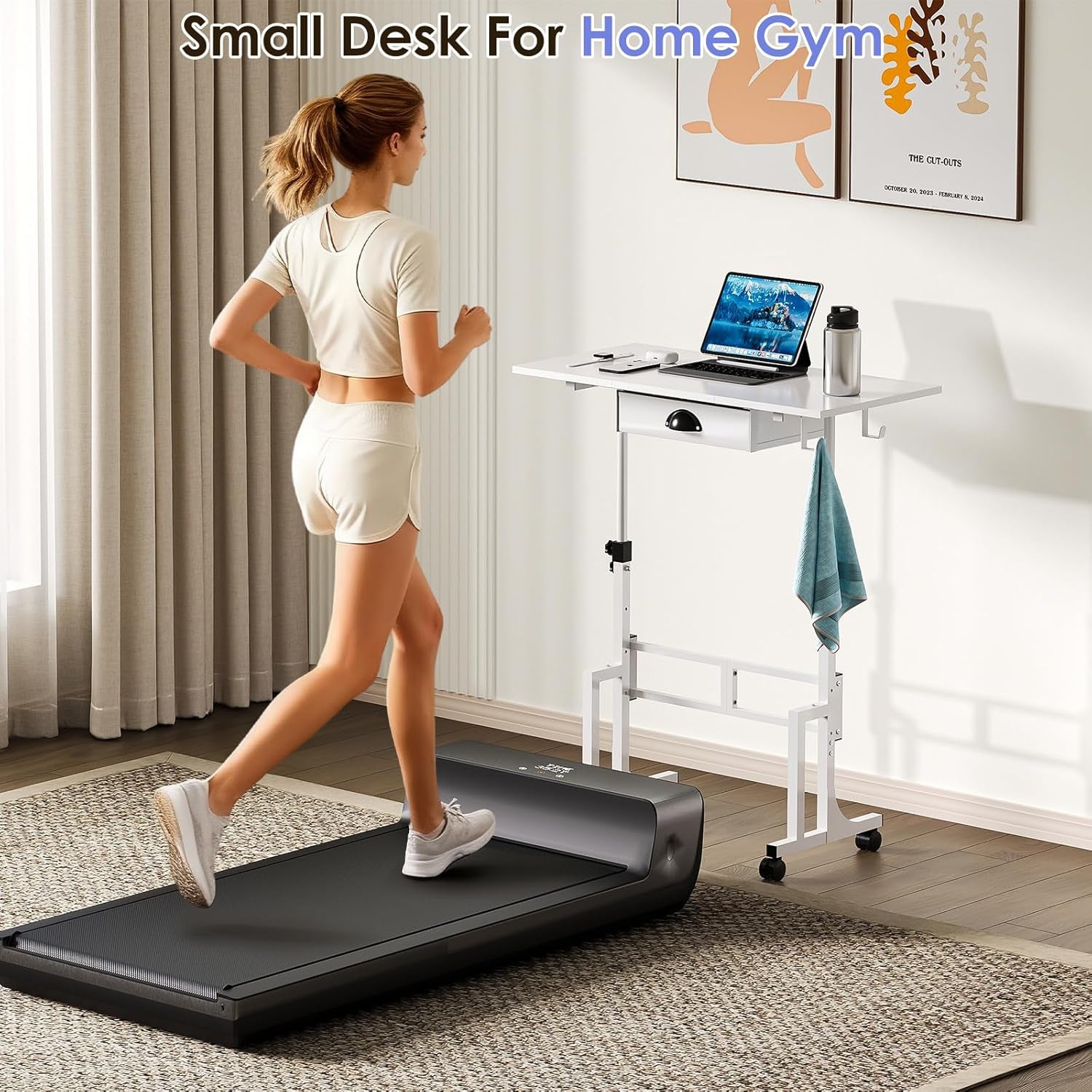 Samll White Standing Computer Desk with Drawers,Height Adjustable Home Office Sit Stand up Desk with 4 Wheels & 2 Hooks,Portable Rolling Work Study Gaming Table for Laptop Tablet Walking Pad Treadmill