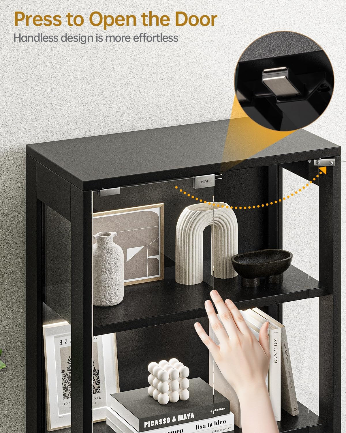 Glass Display Cabinet, 65" Tall Display Case with RGB Lights Curio Cabinet with Glass Doors 4-Tier LED Storage Cabinet with Human Body Sensor & Press-To-Open for Collectibles Book Figure (Black)