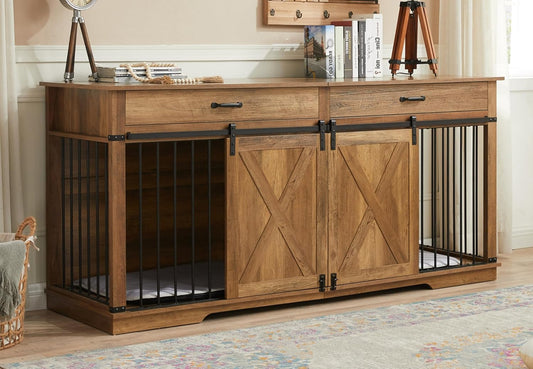37.8" Dog Crate Furniture - Indoor Wooden Dog Kennel Furniture with Sliding Barn Door and Storage Drawer, Rustic Oak