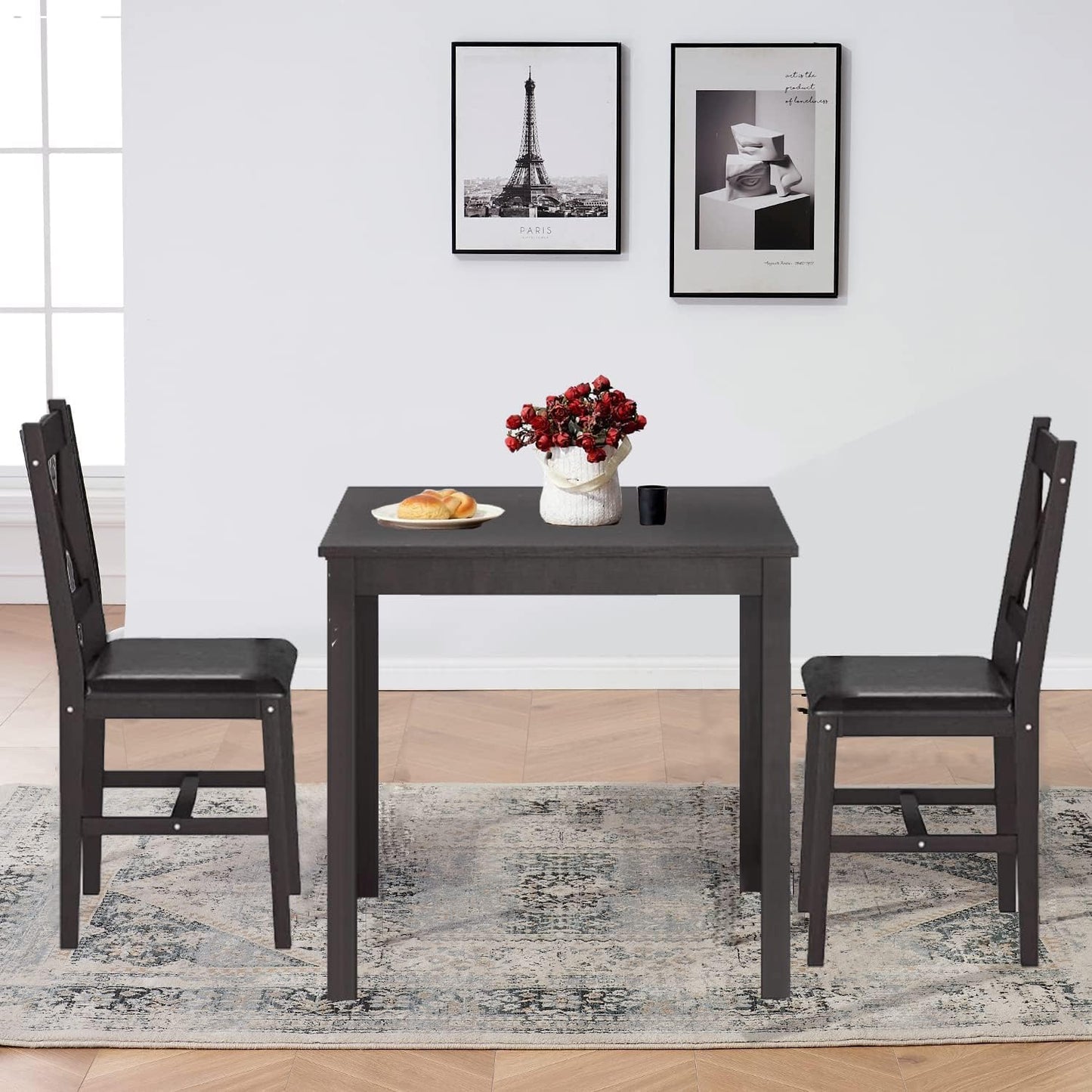 Kitchen Table Set 3 Piece Wooden Dining Table Set for 2 Person Square Table and Chair Small Farmhouse Table Set for Kitchen Restaurant, Brown