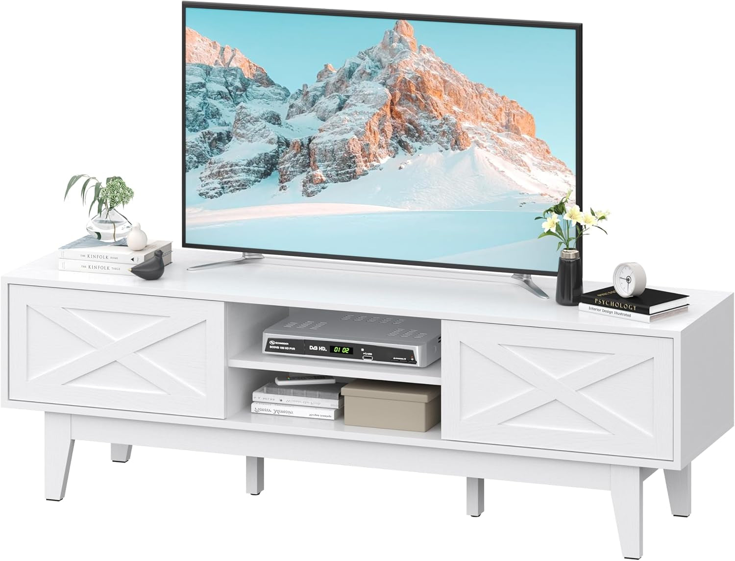TV Stand for 55/60/65 Inch TV, Farmhouse Entertainment Center with Shelves, Cabinets and Sliding Doors, Rustic TV Media Console Table with Solid Wood Feet & Cord Holes for Living Room, Bedroom, White