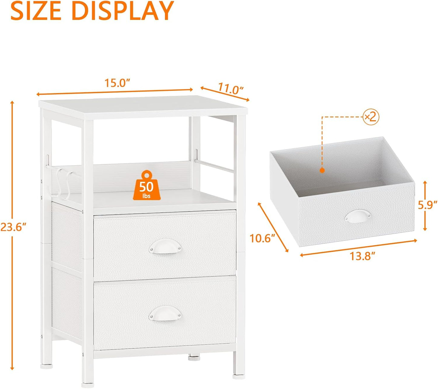 Nightstands Set of 2, End Table with 2 Fabric Drawers, Night Stand with 2 Hooks, Open Wood Shelf Bedside Table for Bedroom/Living Room/White