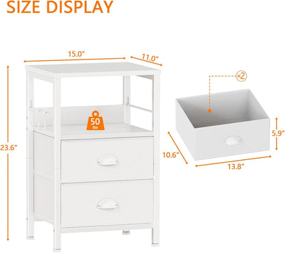 Nightstands Set of 2, End Table with 2 Fabric Drawers, Night Stand with 2 Hooks, Open Wood Shelf Bedside Table for Bedroom/Living Room/White