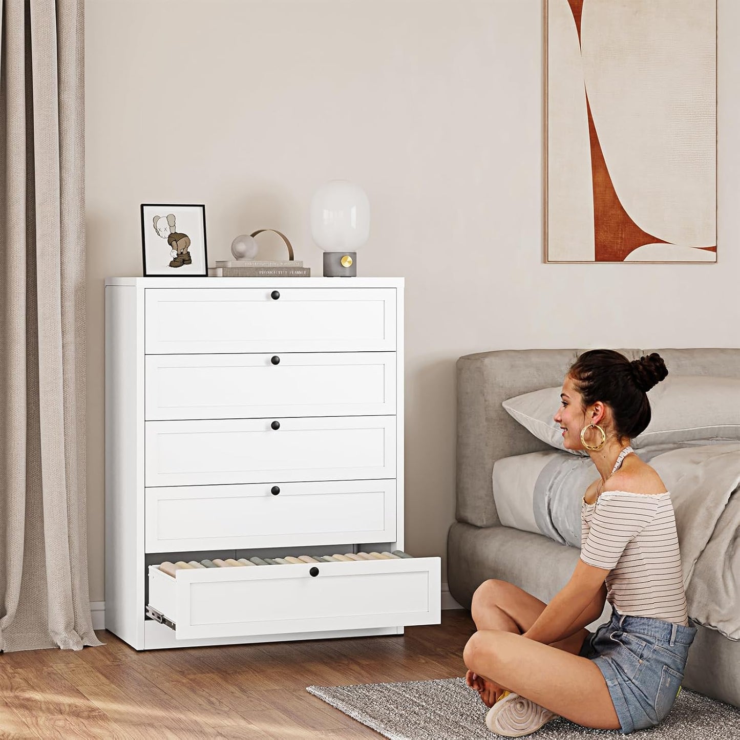 Tall White Dresser for Bedroom, 5 Drawer Metal Closet Dressers Chests, Modern Storage Organizer Unit, Large Storage Space Drawer Storage Cabinet for Bedroom, Entryway, Hallway