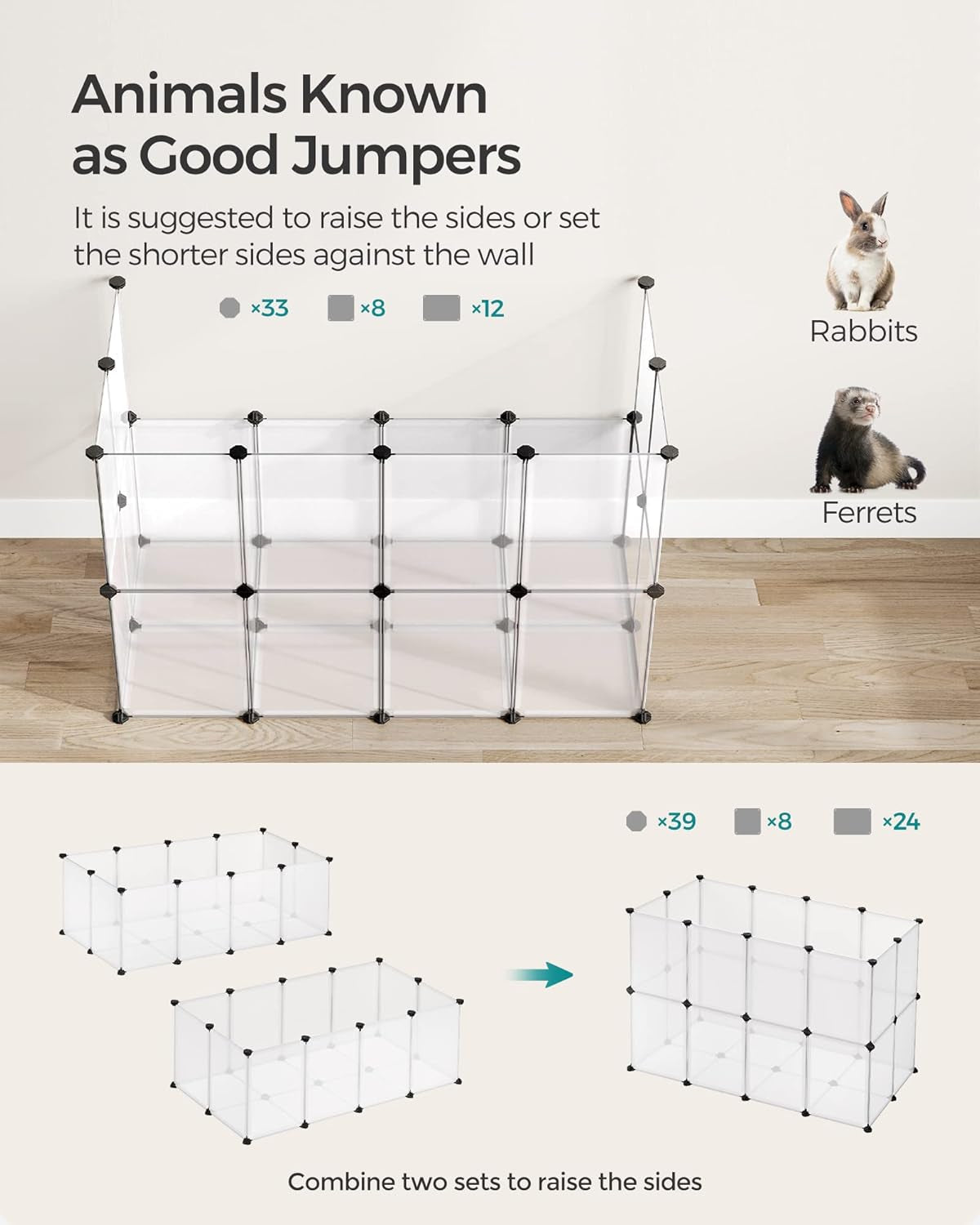 20 Panels Pet Playpen with Floor, Small Animal Playpen, Pet Fence Indoor, DIY Plastic Enclosure for Guinea Pigs, Bunny, Hamsters, Hedgehogs, 49.2 X 24.8 X 16.5 Inches, White ULPC001W01