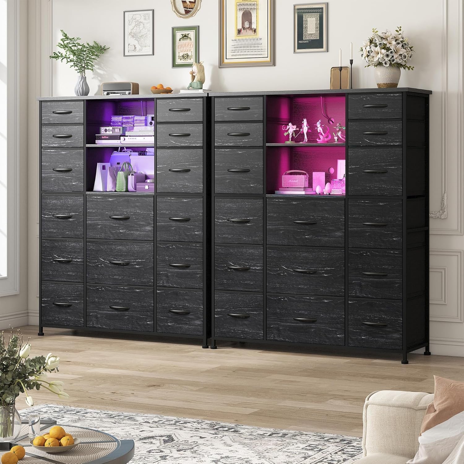 51" H Dresser with 15 Drawers Dresser for Bedroom with Charging Station & LED Lights & Hutch Sturdy Black Bedroom Dressers, Steel Frame, Wood Top, 51.2" H X 39.3" W X 11.8" D