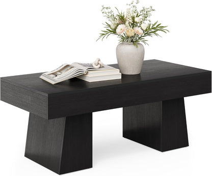 Farmhouse Coffee Table, 47 Inches Wooden Rectangular Accent Center Tables with Thick Base, Modern Low Cocktail Tea Furniture for Living Room (Black)