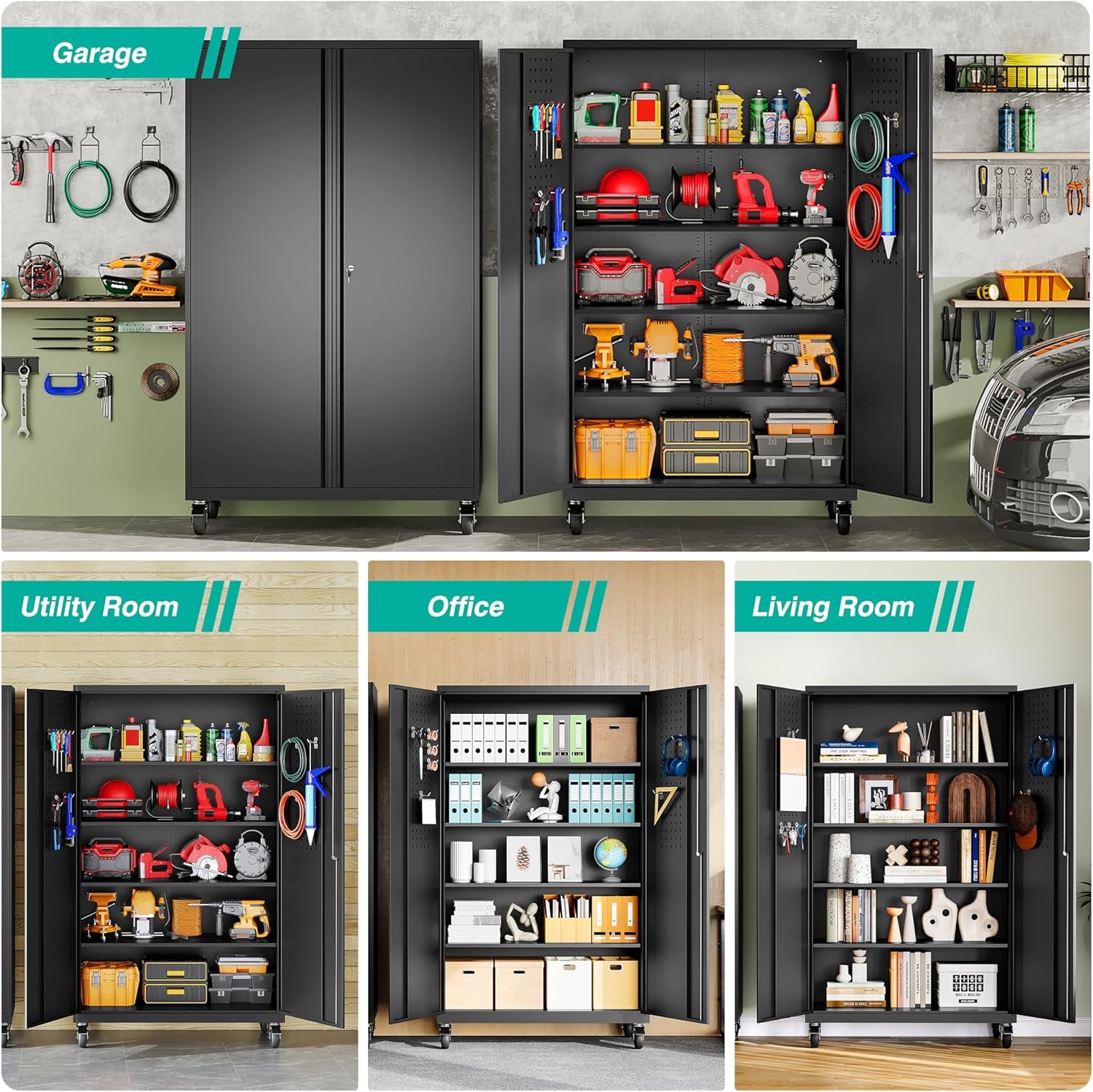 Wide & Deep Metal Storage Cabinet with Wheels,Tall Rolling Garage Storage Cabinet with Lock,Black Metal Cabinets with Pegboards and Shelves,Tool Locker for Garage,Home,Office,43''Wx 20''Dx71"H