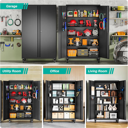 Wide & Deep Metal Storage Cabinet with Wheels,Tall Rolling Garage Storage Cabinet with Lock,Black Metal Cabinets with Pegboards and Shelves,Tool Locker for Garage,Home,Office,43''Wx 20''Dx71"H