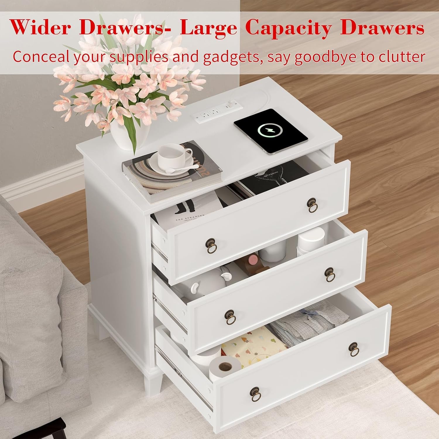 White 3 Drawers Nightstand with Charging Station, Modern Bedside Table 3 Drawers End Table, Storage Cabinet for Bedroom, Hallway, Entryway, Home Office