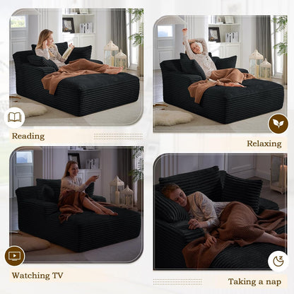 Oversized Chaise Lounge Chair Indoor,50" W Upholstered Corduroy Sofa with 3 Pillows,Comfy Fluffy Cloud Couch,Modern Deep Seat Sofa,Single Sleeper Sofa Chair for Livingroom,Bedroom,No Assembly(Black)