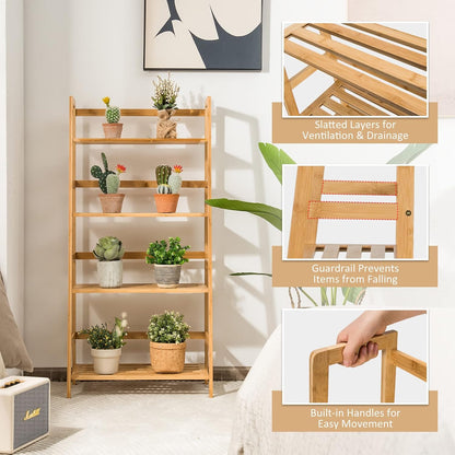 Ladder Shelf, 4 Tier Bamboo Ladder Bookshelf, 48’’ Tall Freestanding Bookcase Storage Rack Plant Stand for Living Room, Balcony, Office, Bedroom, Farmhouse Wooden Ladder Bookshelf, Natural