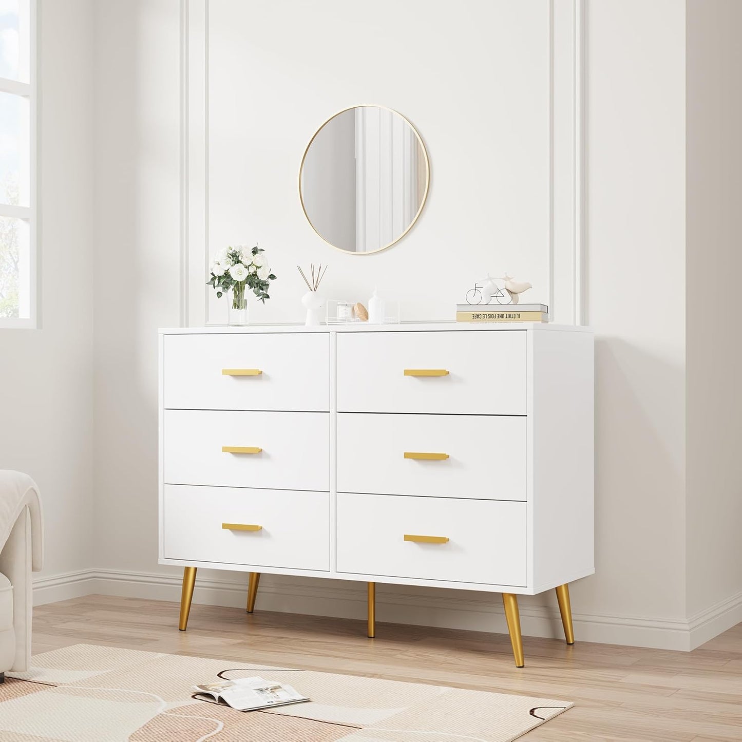 6 Drawer Dresser, Modern Wooden Chest of Drawers with Gold Handles, Deep Drawers for Bedroom, Living Room and Entryway, White