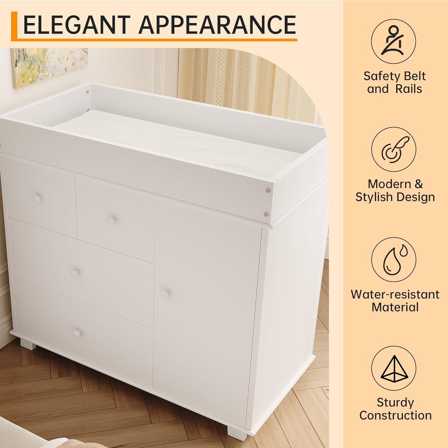 Baby Changing Table Dresser with 5 Drawers, Modern Nursery Dresser with an Open Storage Space, Diaper Changing Station for Bedroom, Kids Room, Baby Room, White