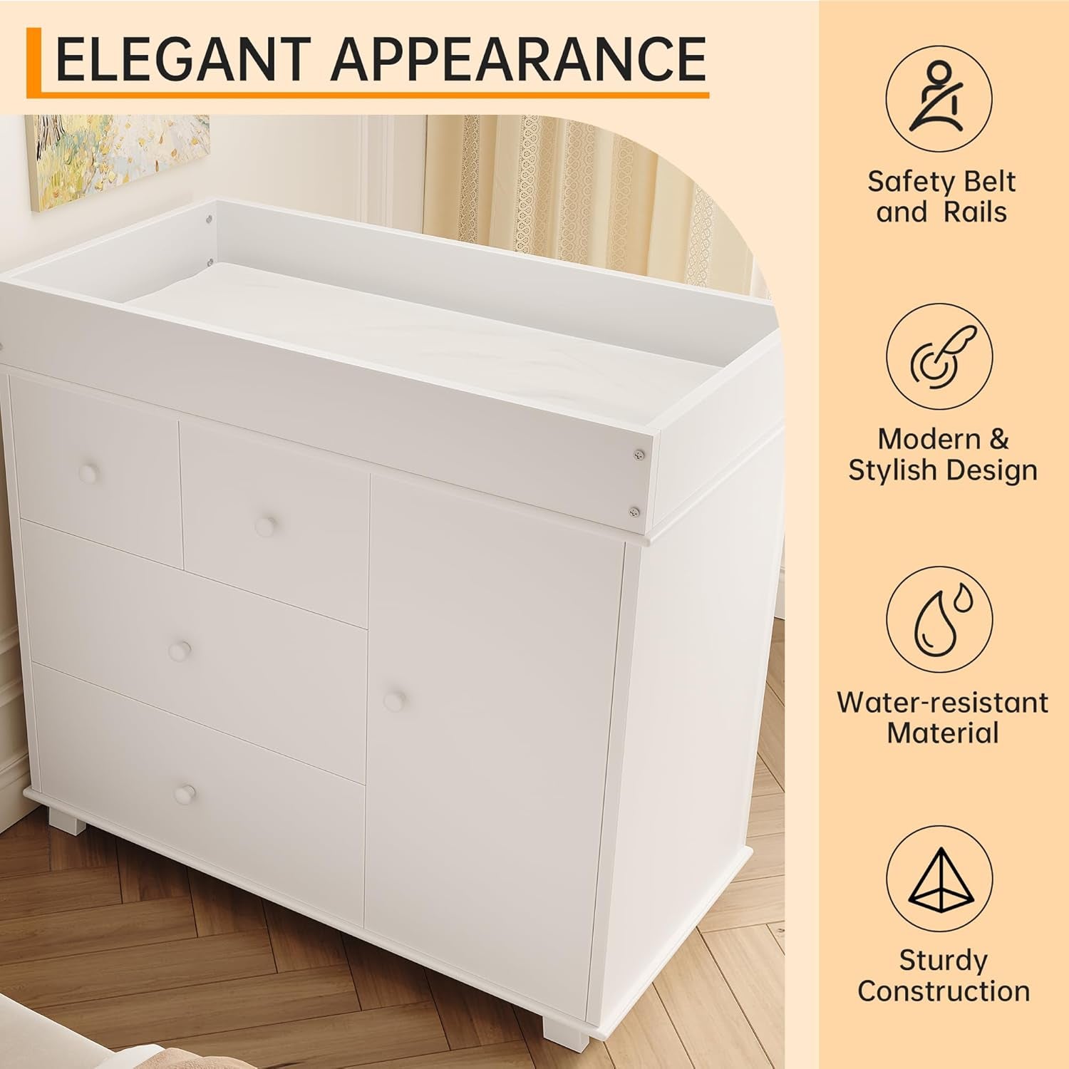 Baby Changing Table Dresser with 5 Drawers, Modern Nursery Dresser with an Open Storage Space, Diaper Changing Station for Bedroom, Kids Room, Baby Room, White