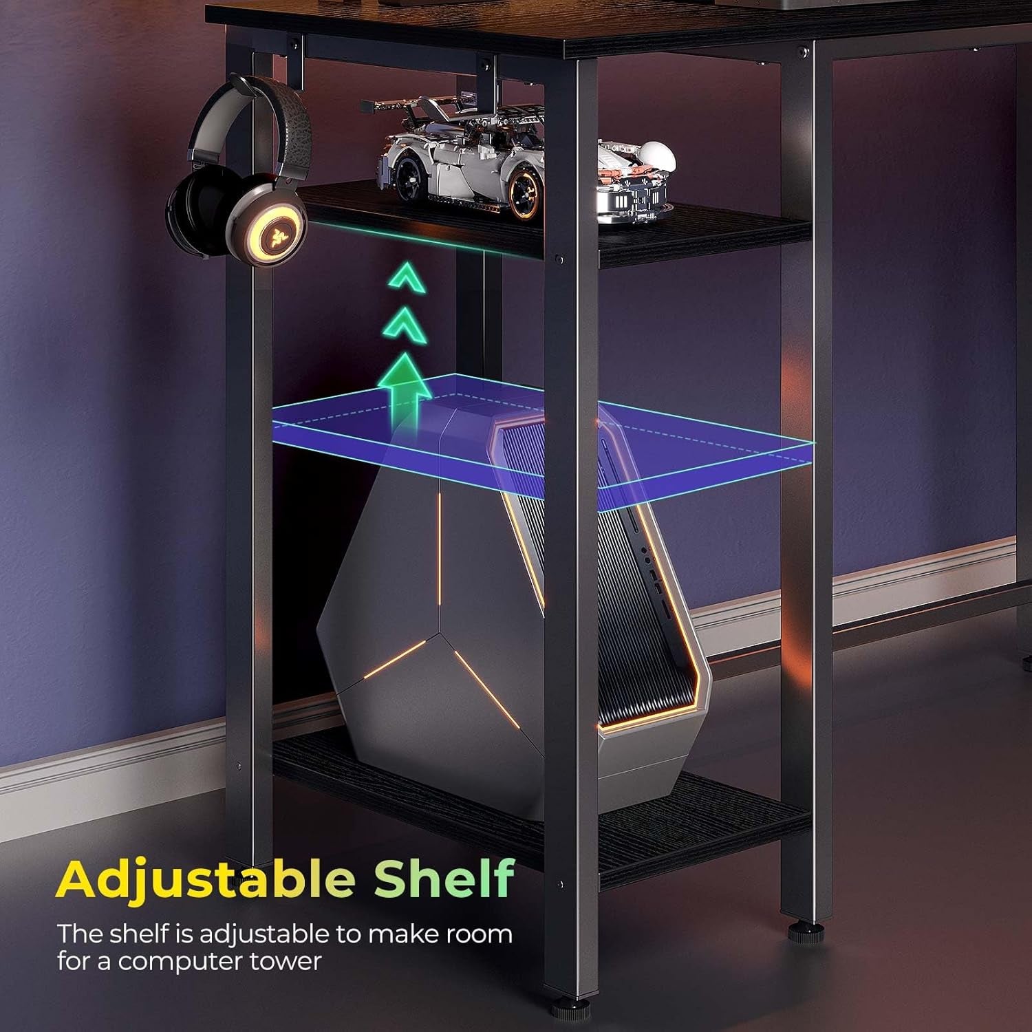 L Shaped Gaming Desk with LED Lights & Power Outlets, 53" Computer Desk with Full Monitor Stand & Storage Shelf, Corner Desk with Hooks, Black Desk Reversible