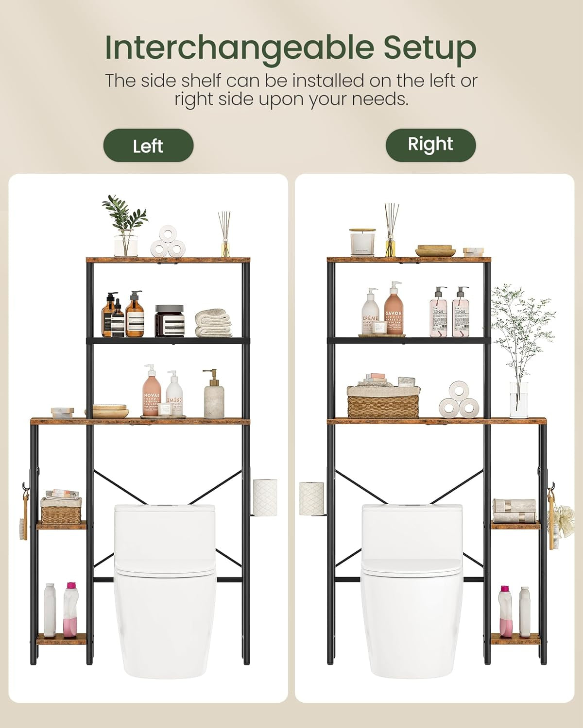 Over the Toilet Storage, 6-Tier Bathroom Organizer Shelf, Over-Toilet Storage Cabinet with Toilet Paper Hook, Space Saving, for Bathroom, Laundry, Entryway, Rustic Brown and Black TTS02BF