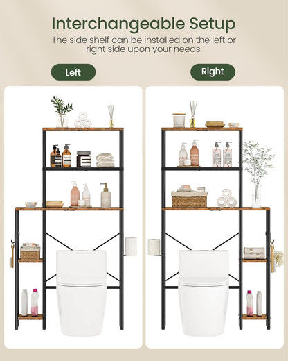Over the Toilet Storage, 6-Tier Bathroom Organizer Shelf, Over-Toilet Storage Cabinet with Toilet Paper Hook, Space Saving, for Bathroom, Laundry, Entryway, Rustic Brown and Black TTS02BF
