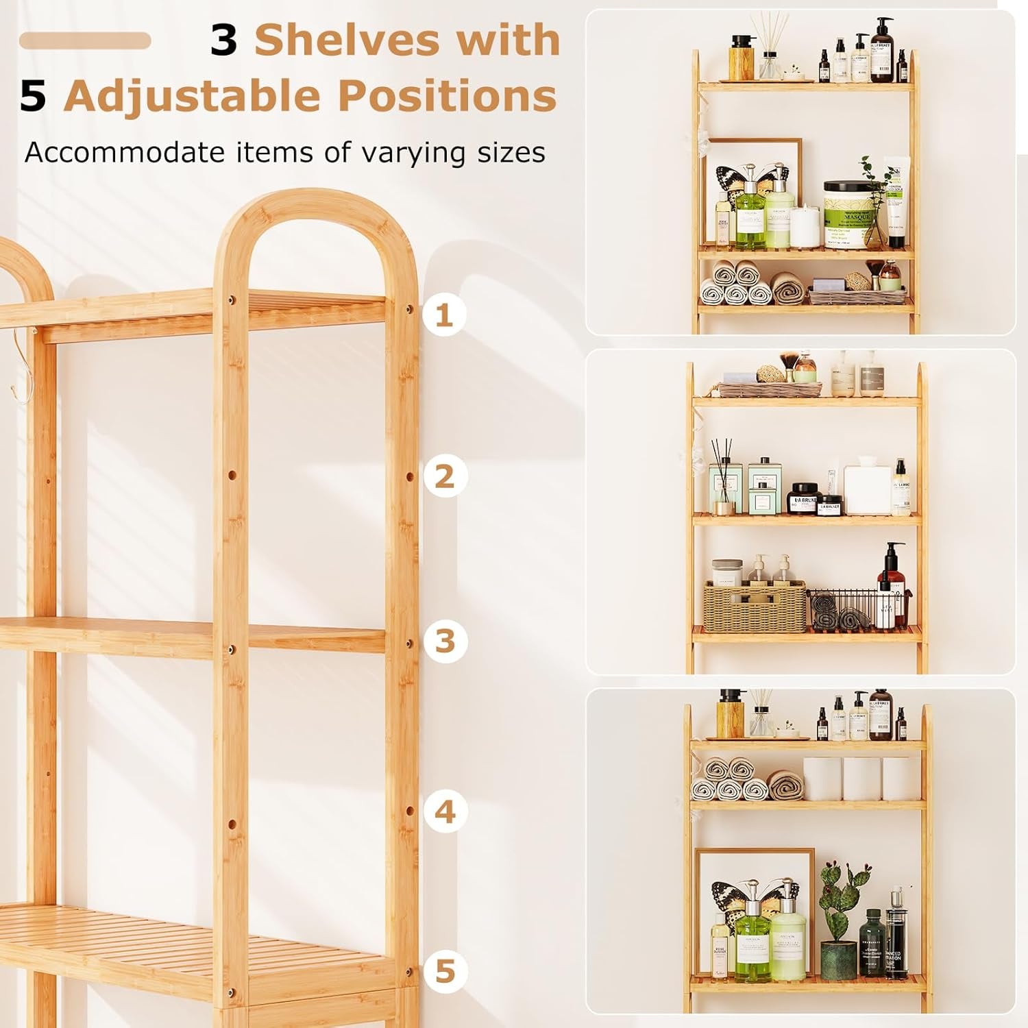 over the Toilet Storage Cabinet, 3-Tier Bamboo Bathroom Shelves over Toilet W/3 Hooks, Adjustable Shelves & Waterproof Feet Pad, over Toilet Bathroom Organizer for Laundry, Balcony, Restroom