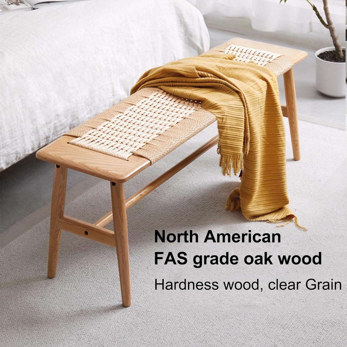 100% Solid Oak Farmhouse Entryway Bench, Wooden Bench Indoor with Hand Woven Rope Surface Design, Wood Bench for End of Bed with Solid Structure(Natural, 43.31" Wx11.81 Dx15.98 H)