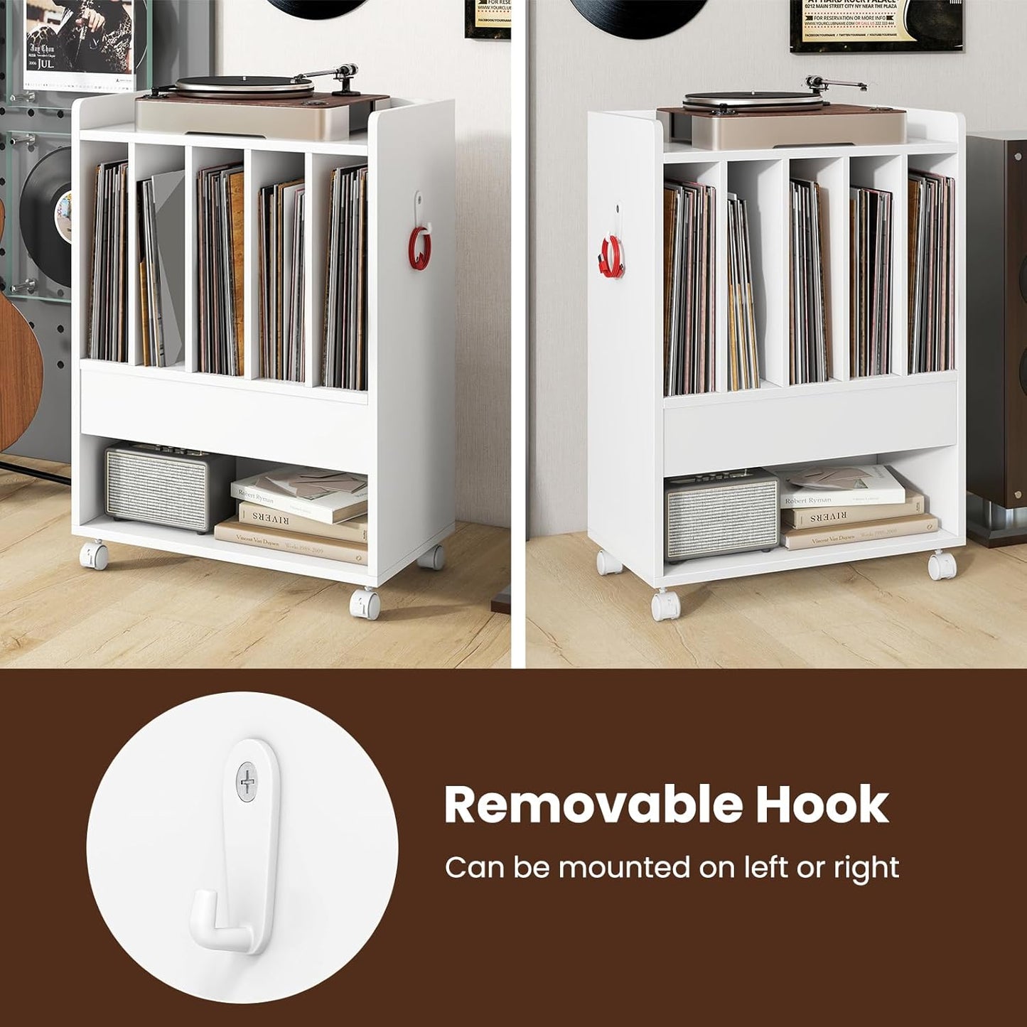 Record Player Stand, Rolling Turntable Stand with Drawer & Lockable Wheels, Record Player Table Holds up to 150 Albums, Vinyl Record Storage for Living Room Bedroom, White
