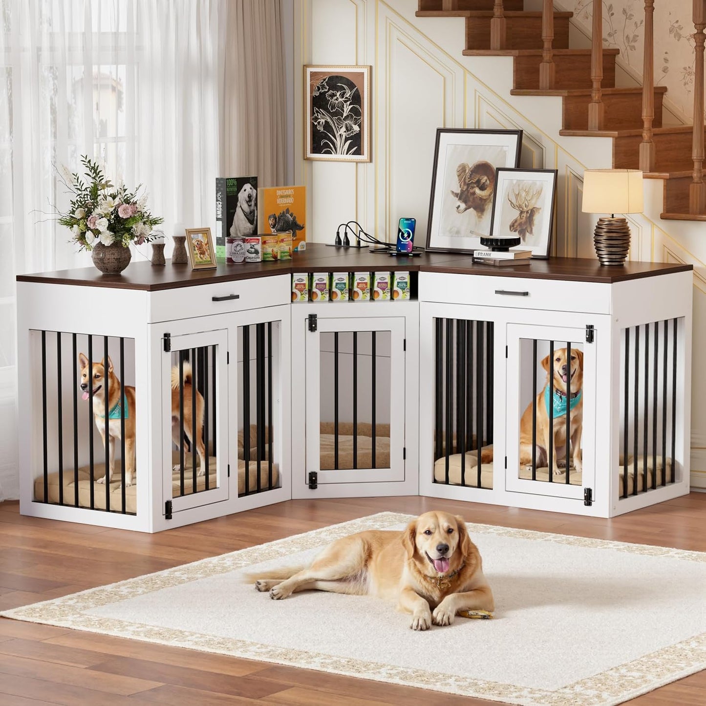3 in 1 Extra Large Corner Dog Crate Furniture for 3 Dogs,Wooden Dog Crate Kennel with 2 Drawers,Divider,Power Outlet,Heavy Duty Double Dog Kennel TV Stand Indoor for Small,Medium,Large Dogs