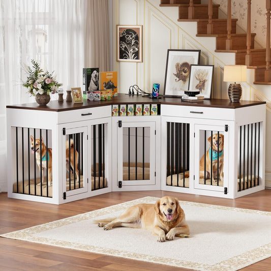 3 in 1 Extra Large Corner Dog Crate Furniture for 3 Dogs,Wooden Dog Crate Kennel with 2 Drawers,Divider,Power Outlet,Heavy Duty Double Dog Kennel TV Stand Indoor for Small,Medium,Large Dogs
