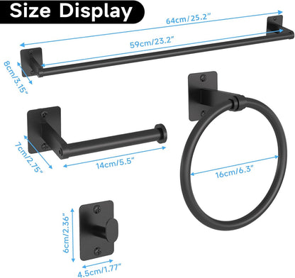 Matte Black Bathroom Accessories Set,  4 Pieces Bathroom Hardware Set, 24 Inch Towel Bar, Towel Racks for Bathroom, Robe Towel Hooks, Toilet Paper Holder Wall Mounted