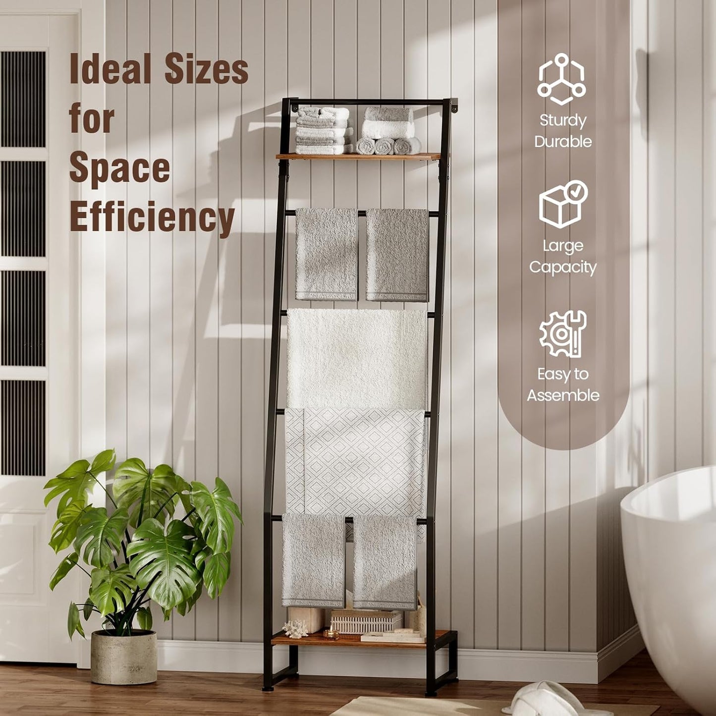 Blanket Ladder with Shelf, 6 Layer Wall-Leaning Blanket Rack, Farmhouse Blanket Shelf for Storage and Home Decor, Freestanding Rack for Bathroom, Rustic Brown and Black