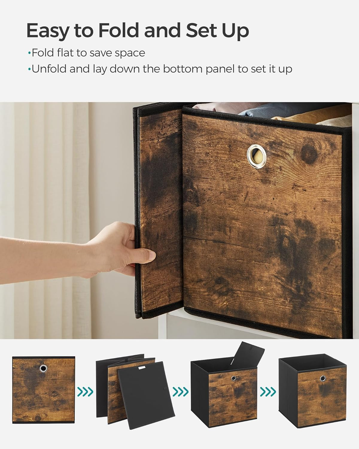 Storage Cubes, Set of 6 Storage Bins with Handles, Foldable Oxford Fabric and Non-Woven Fabric Storage Boxes, 10.2X10.2X11 Inches, Fit Cube Storage Unit, Rustic Brown URFB126B01