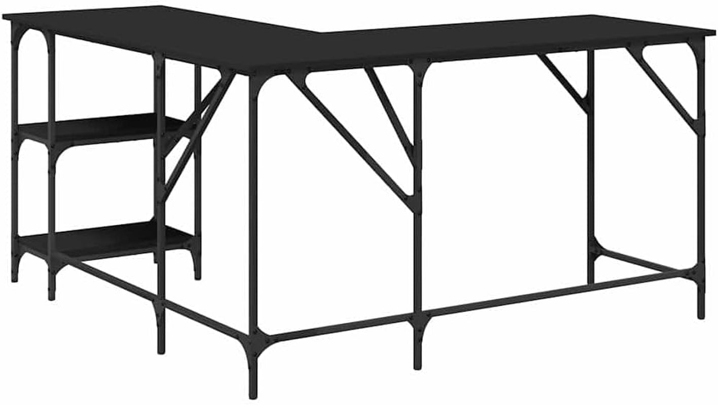 L-Shaped Computer Desk, 54.7-Inch Corner Gaming Table, Black Engineered Wood & Steel Frame, Adjustable Feet for Home Office, Modern Study Writing Workstation