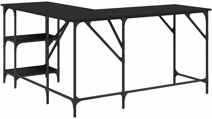 L-Shaped Computer Desk, 54.7-Inch Corner Gaming Table, Black Engineered Wood & Steel Frame, Adjustable Feet for Home Office, Modern Study Writing Workstation