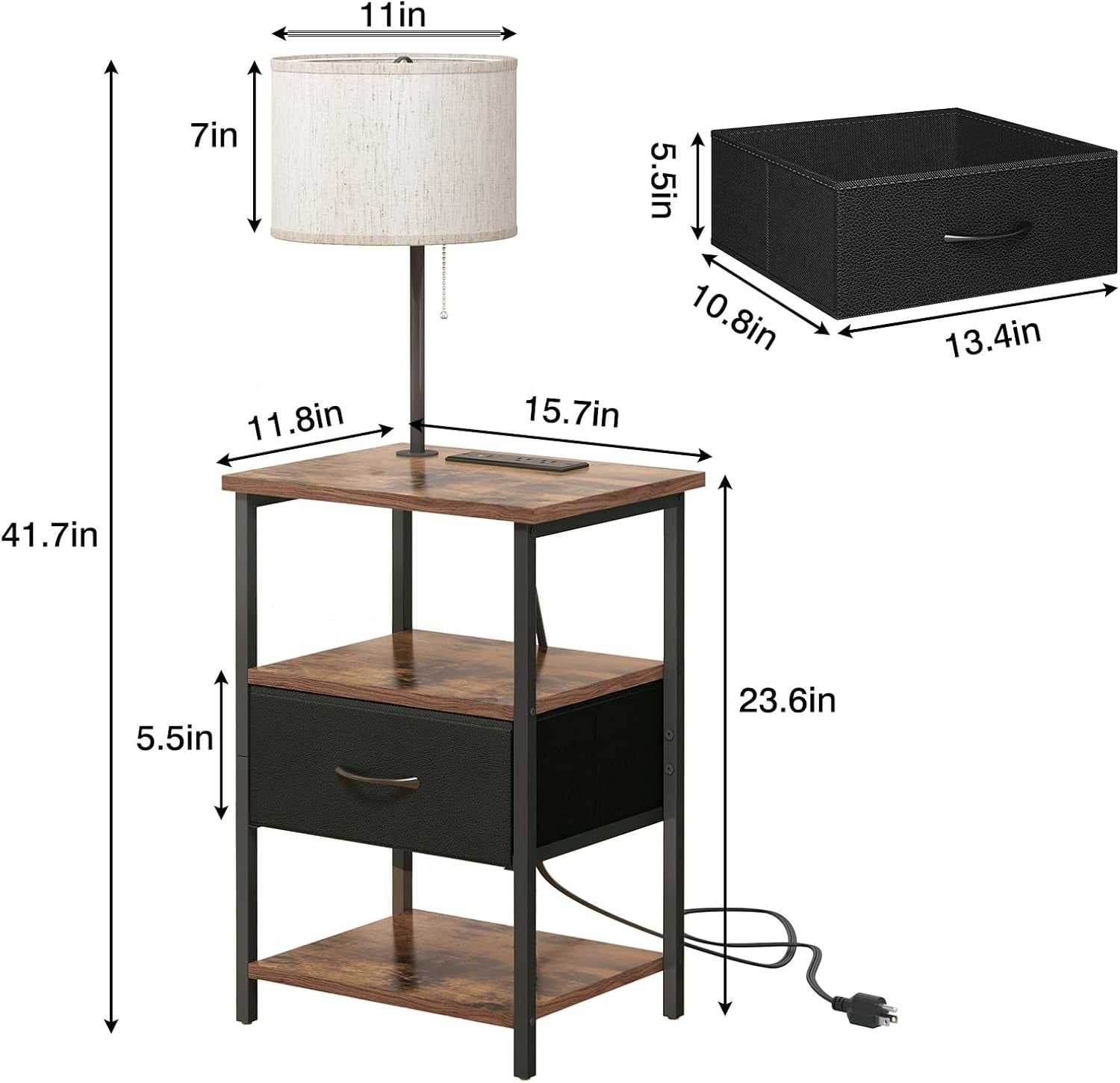Nightstand with LED Lights Bedside Table with 3 Color Temperatures Bulb, Tall Nightstand with Charging Station End Table with Adjustable Fabric Drawer for Bedroom Dorm