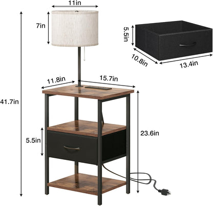 Nightstand with LED Lights Bedside Table with 3 Color Temperatures Bulb, Tall Nightstand with Charging Station End Table with Adjustable Fabric Drawer for Bedroom Dorm