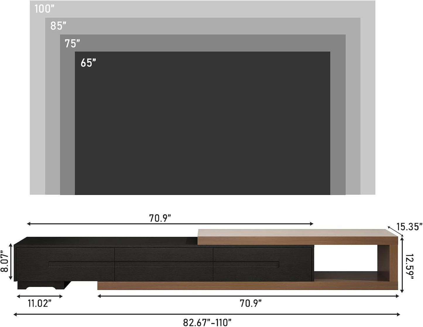 Extendable TV Stand, Modern Entertainment Center for up to 120 Inch TV, Wood Reversible TV Media Console with 3 Drawers for Living Room Bedroom, 82-110"(Black& Walnut)