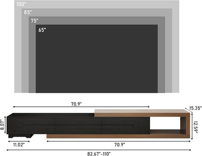 Extendable TV Stand, Modern Entertainment Center for up to 120 Inch TV, Wood Reversible TV Media Console with 3 Drawers for Living Room Bedroom, 82-110"(Black& Walnut)