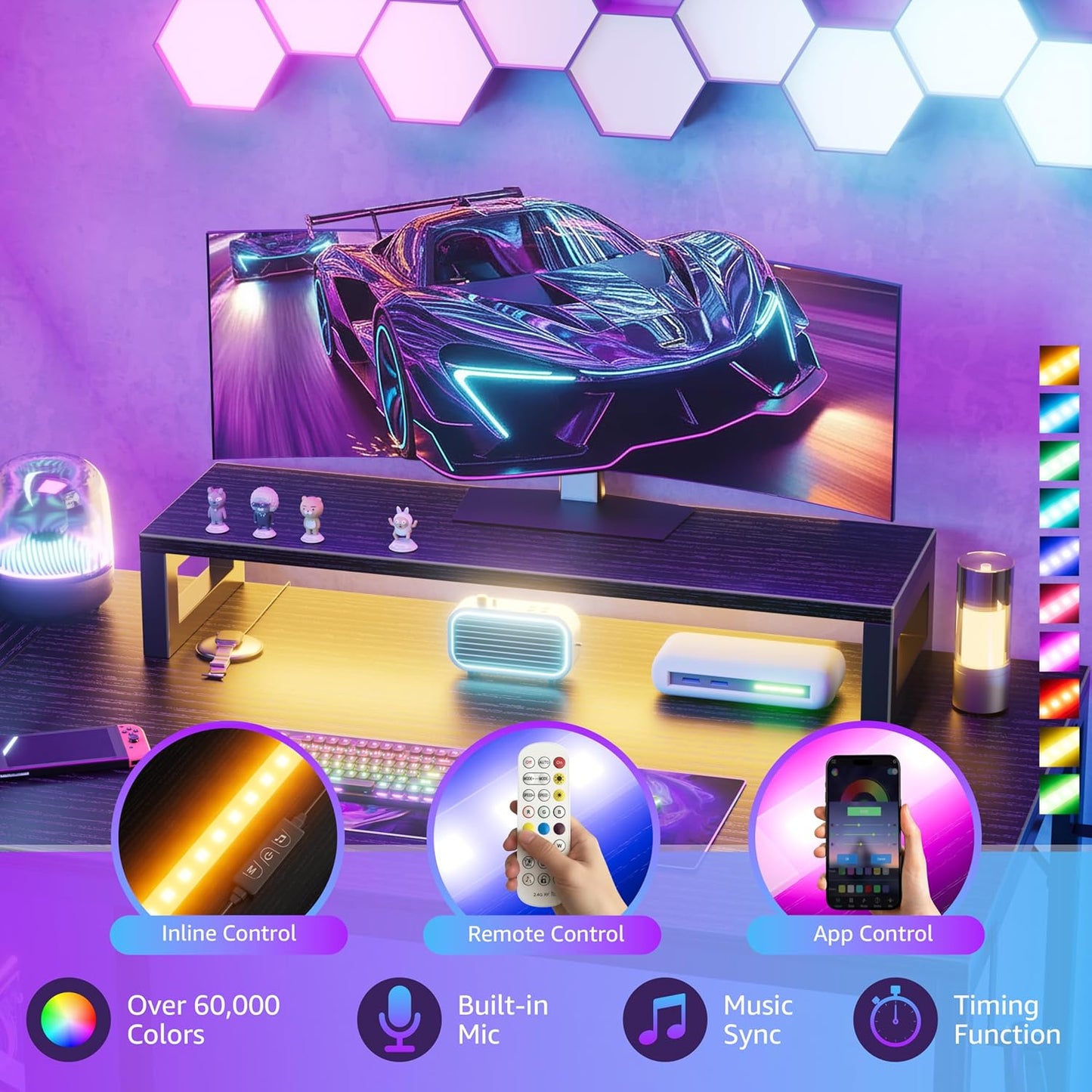 40 Inch Small Gaming Desk with Pegboard Shelves Computer Desks with Led Lights Power Outlets PC Monitor Stand Reversible Storage Shelf Table for Bedroom Small Space, Black