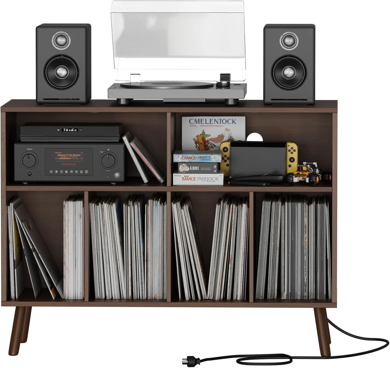 Record Player Stand with Vinyl Storage Cabinet, Wood Turntable Table Open Shelf Holder up to 350 Albums Cube Storage Organizer for Living Room, Office, Brown