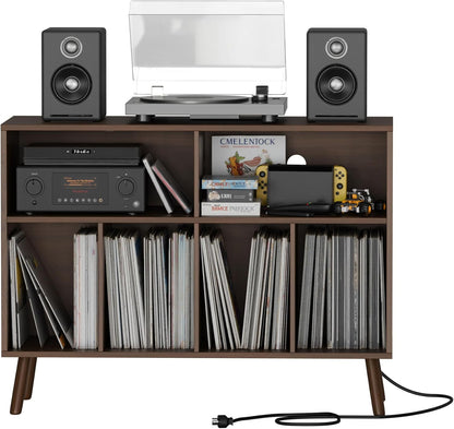 Record Player Stand with Vinyl Storage Cabinet, Wood Turntable Table Open Shelf Holder up to 350 Albums Cube Storage Organizer for Living Room, Office, Brown