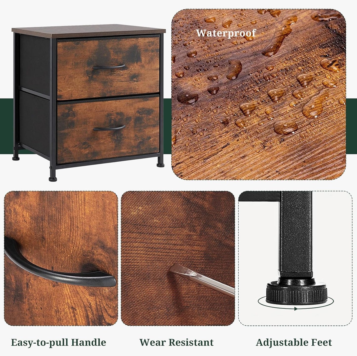 Nightstand Set of 2, Small 2 Drawer Dresser End Table Bedside Furniture, Wooden Top Fabric Bins for Bedroom, Closet, Entryway, Dorm, 11.8" D X 18" W X 20", Black