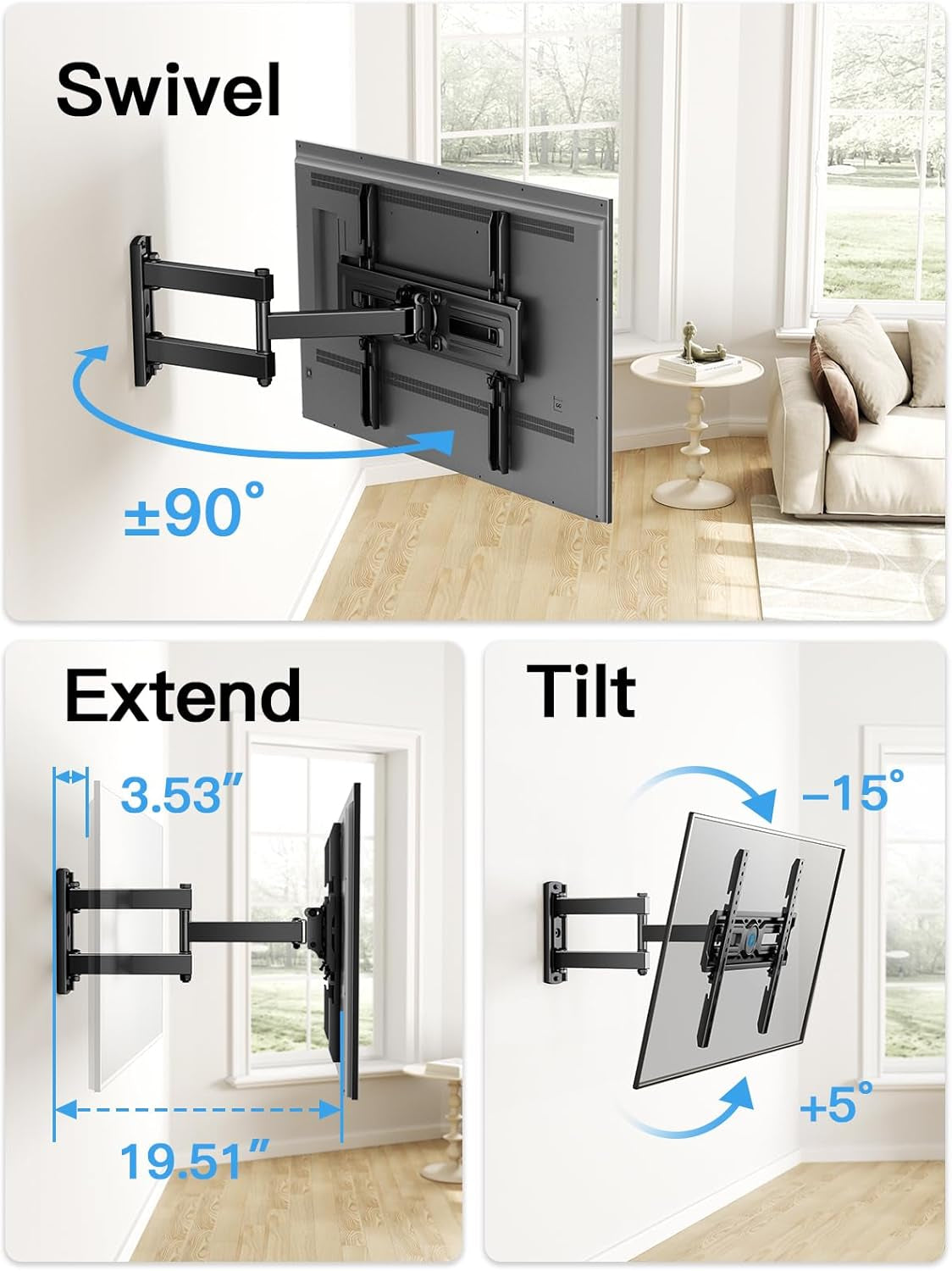 Full Motion TV Wall Mount for Most 26-60 Inch Flat & Curved Tvs up to 77 Lbs, Adjustable Bracket Height, Single Articulating Arm, Extension, Max VESA 400X400Mm, PIMF9