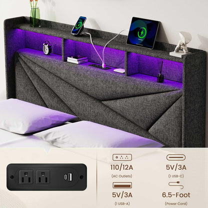 LED King Size Bed Frame with 2 Storage Drawers, Upholstered King Bed Frame with Headboard and Charging Station, No Box Spring Needed, Easy to Assembly-Dark Grey