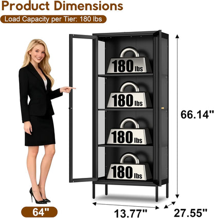 Glass Display Cabinet 4-Tier, Display Cabinet with Glass Doors, Curio Cabinet with Tempered Glasses Doors,Metal Storage Cabinets for Living Room, Plant, Assembly Required, Black