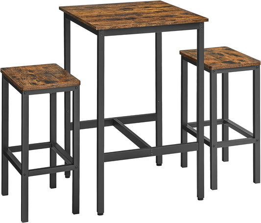 Bar Table and Chairs Set, Square Table with 2 Stools, Dining Pub Set for 2, Space Saving for Kitchen Breakfast, Living Room, Party Room, Rustic Brown and Ink Black