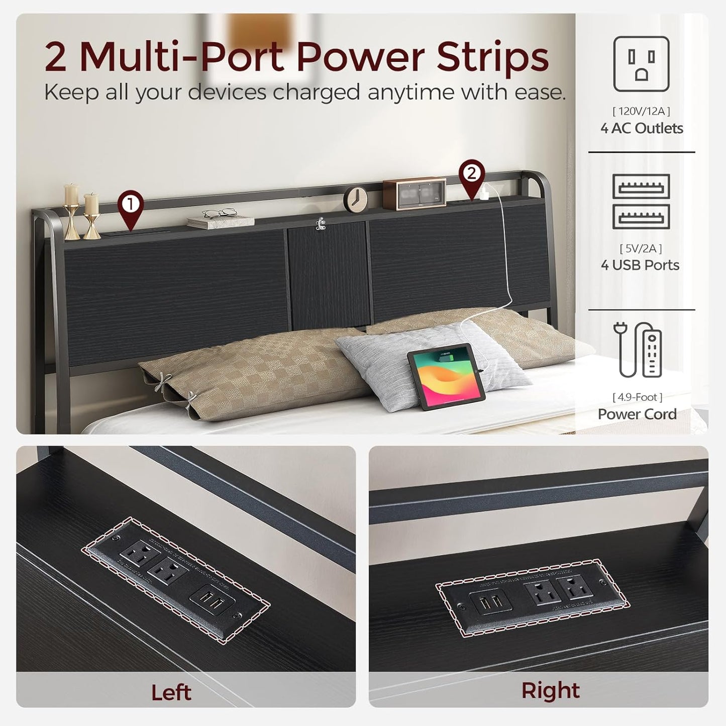 Headboard Queen Size Only, Headboard with 4 Outlets and 4 USB Ports, Industrial Head Board with Flip Door and Bed Frame Adapter, Height Adjustable, Black