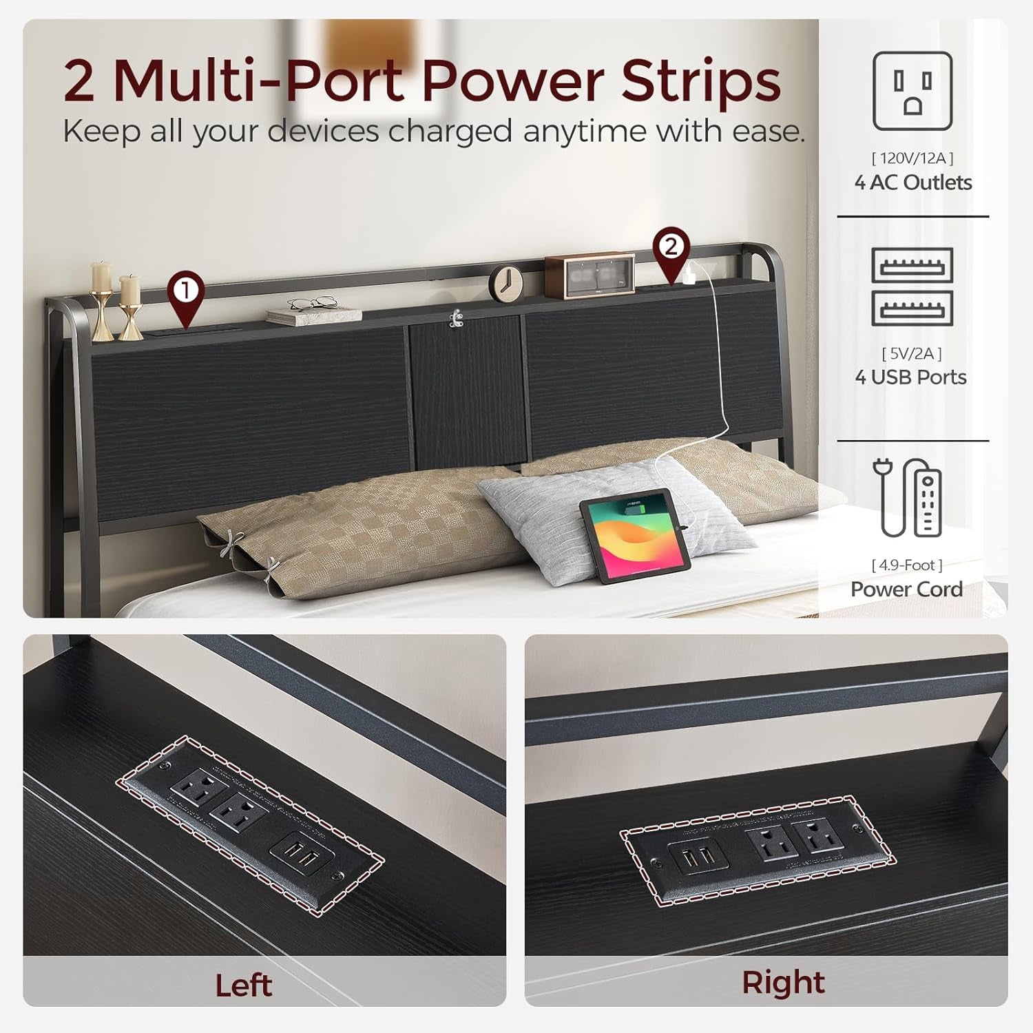 Headboard Queen Size Only, Headboard with 4 Outlets and 4 USB Ports, Industrial Head Board with Flip Door and Bed Frame Adapter, Height Adjustable, Black