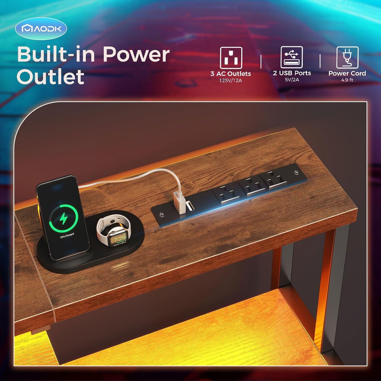Computer Desk, 48 Inch Gaming Desk with Led Lights & Power Outlet, Office Desk with Storage Shelves, Reversible Desk with Monitor Shelf & Headphone Hook, Grey Oak