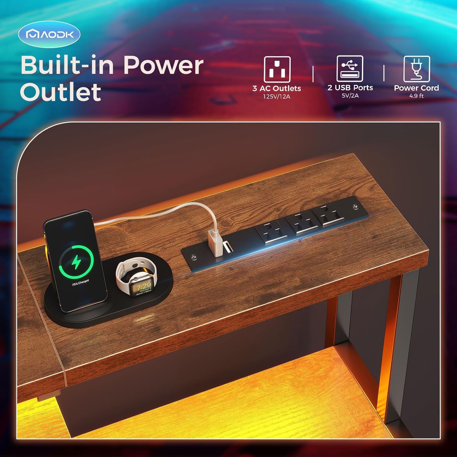 Computer Desk, 48 Inch Gaming Desk with Led Lights & Power Outlet, Office Desk with Storage Shelves, Reversible Desk with Monitor Shelf & Headphone Hook, Grey Oak