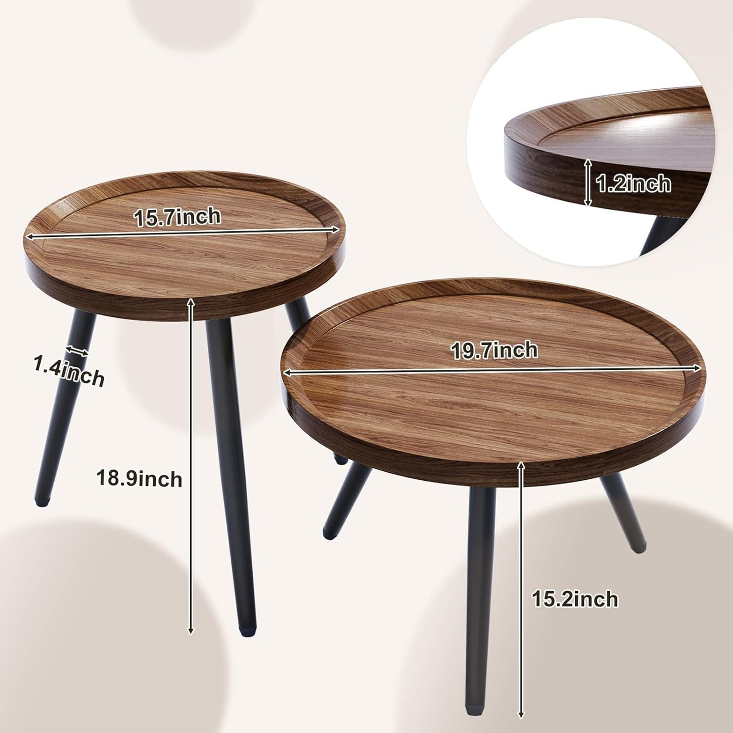 2 PCS Small round Coffee Table Set, Mid Century Modern Coffee Tables for Living Room, Walnut Nesting Tables for Small Spaces, Easy Assembly Circle Wood Center Table,Black Nesting Coffee Table Set of 2