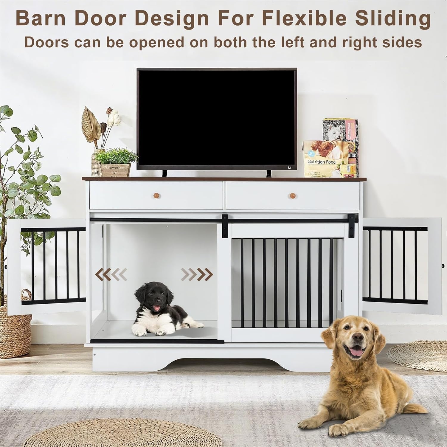 Dog Crate Furniture for 2 Dogs, Dog Kennel with 2 Storage Drawers & Divider, Large Double Dog Cage as TV Stand, Furniture Style Dog Crates with Sliding Barn Door (Blue & White)